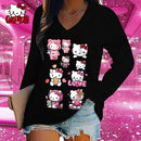 Hello Kitty Women's Long Sleeve T-shirts V Neck Kawaii Clothes 2024 3D Print New Lovely S-3XL Y2k Fashion High Quality Leisure