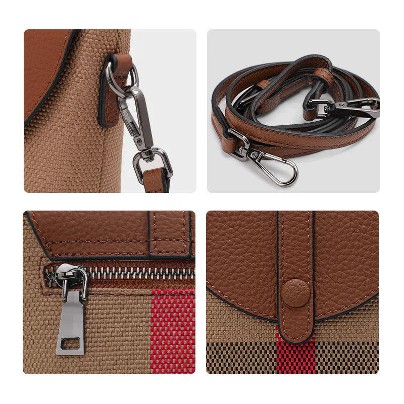 Aidrani  Fashionable women's mini bag, plaid single shoulder crossbody bag, canvas patchwork cowhide portable small bag