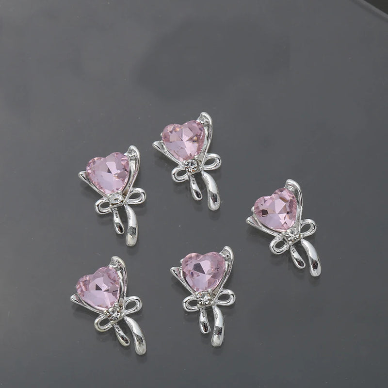 10Pcs Pink Metal Gem Zircon Nail Art Charm 3D Luxurious Heart Ribbon Cross Starlight Nail Decoration DIY Zircon Nail Accessories