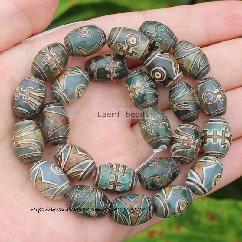 8pcs ,10x14mm Natural Green Agate Ancient Tibet Dzi beads, Many patterns, For DIY Jewelry making !