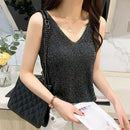 Hot Rhinestone Bright Silk Sleeveless Vest Women's Spring/Summer New Style V-neck Loose All-match Sling Knitted  Top T-shirt