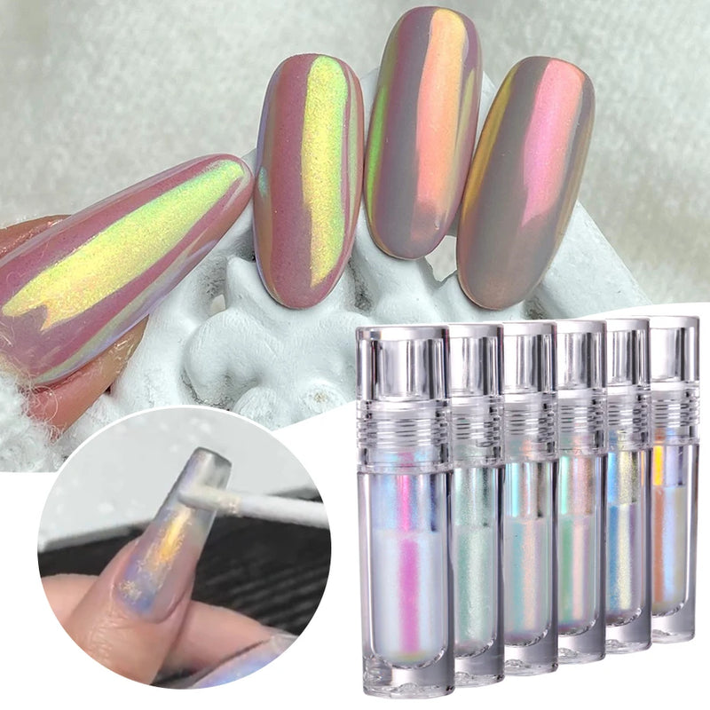 6 Color Small Tube Quick Dty Liquid Chrome Powder Aurora White Pigment With Brush Glossy Rub Professional Salon Nail Glitter Set