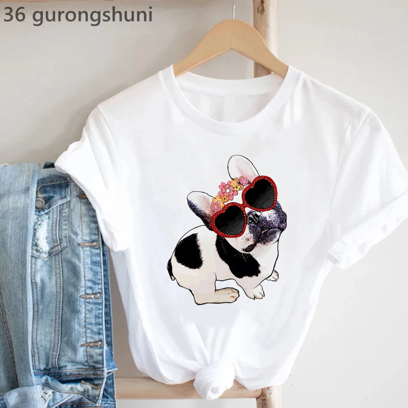 Frenchies In Love Animal Print T-Shirt Women'S Clothing French Bulldog Tshirt Femme Harajuku Kawaii Clothes Dog Lover T Shirt