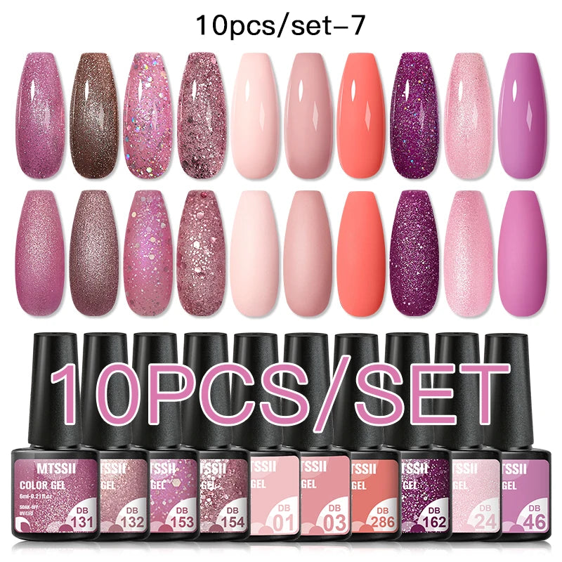 Mtssii 10PCS Reflective Gel Nail Polish Set Fluorescent Glitter Semi Permanent Hybrid Gel Varnish Soak Off UV Lamp For Manicure
