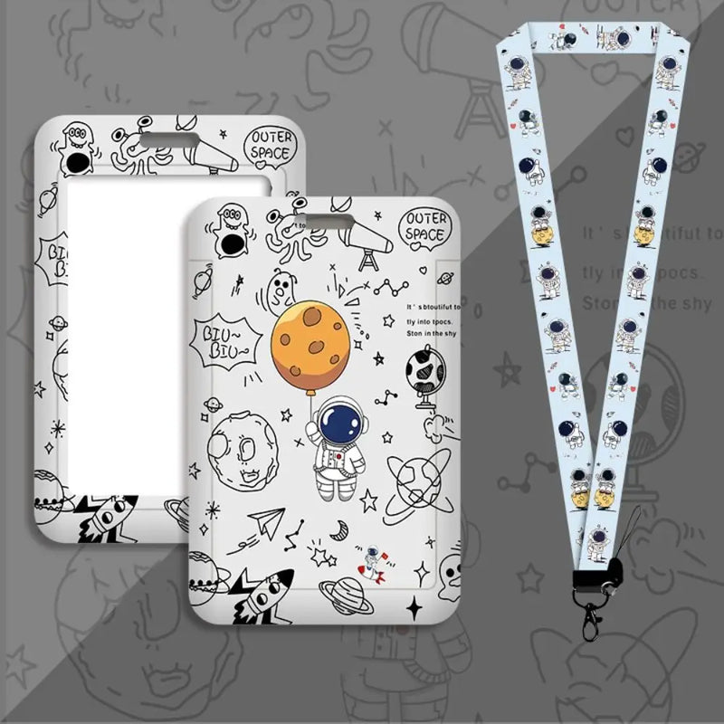 Cartoon Astronaut Card Holder Business Card Holder Cute Credit Card Holders with Lanyard ID Holders Badge Bus Card Cover Case
