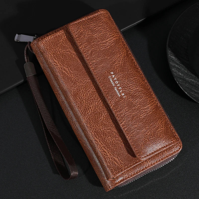 Men's PU Zipper Handbag Large Capacity Long Wallet Clutch Bag Phone Bag Multi Card Card Holder Coin Purse Wallet Double Layer