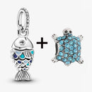 2Pcs/Lot Crystal Blue Scaled Fish Bead With Pendant Fit DIY Brand Charm Bracelet  For Women's Summer Jewelry To Making Gift