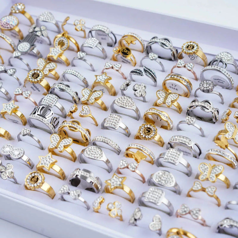 10Pcs/Lot Fashion Classic Rhinestone Stainless Steel Rings For Women Simple Shiny Colorful Finger Jewelry Wedding Party Gifts