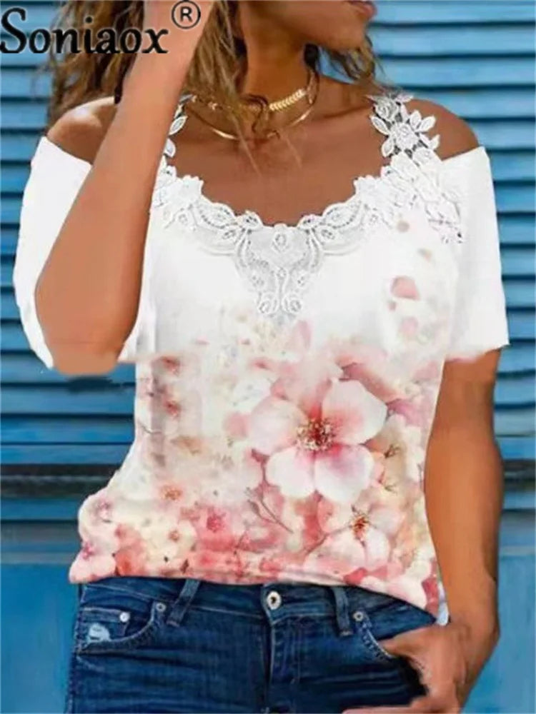 Summer Sexy Lace Short Sleeve Off Shoulder V-Neck Women T-Shirts Ladies Floral Print Street Tops Female Casual Loose T-Shirt