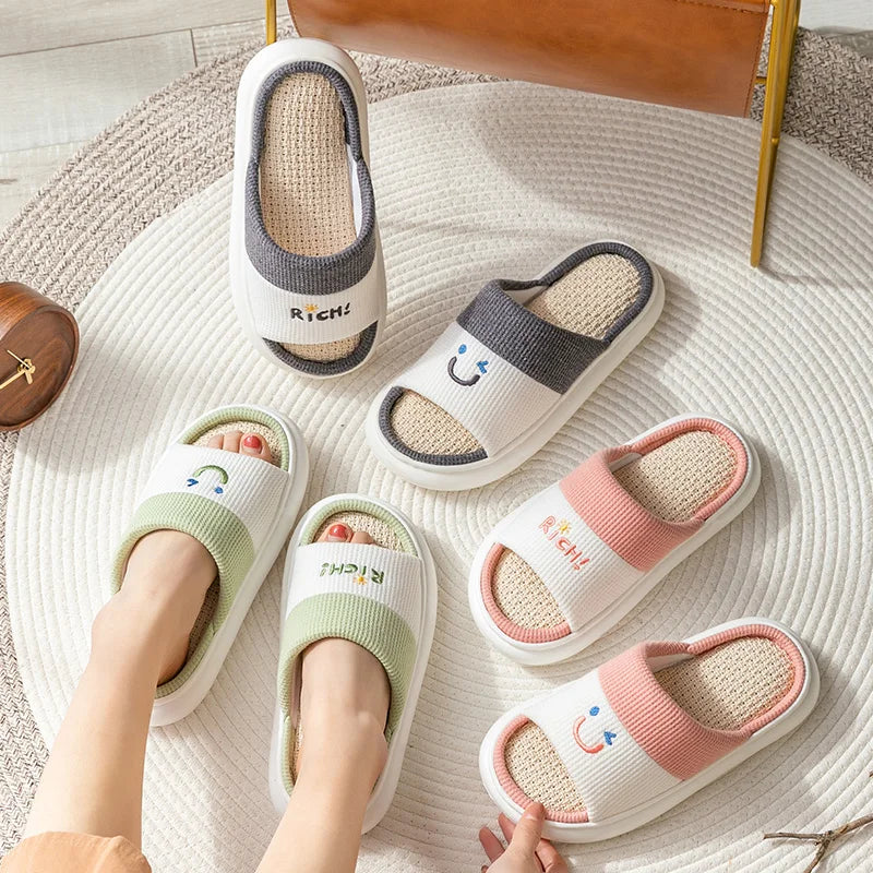 Women's Slippers Comfortable Soft Thick Sole Four Seasons Indoor Linen Slippers Soft Sole Anti Slip Couples's Home Slippers 2024