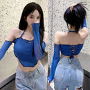 Women's Hanging Neck Off Shoulder T-shirt with Mesh Splice Sexy Open Umbilical Long Sleeve Top T-shirt
