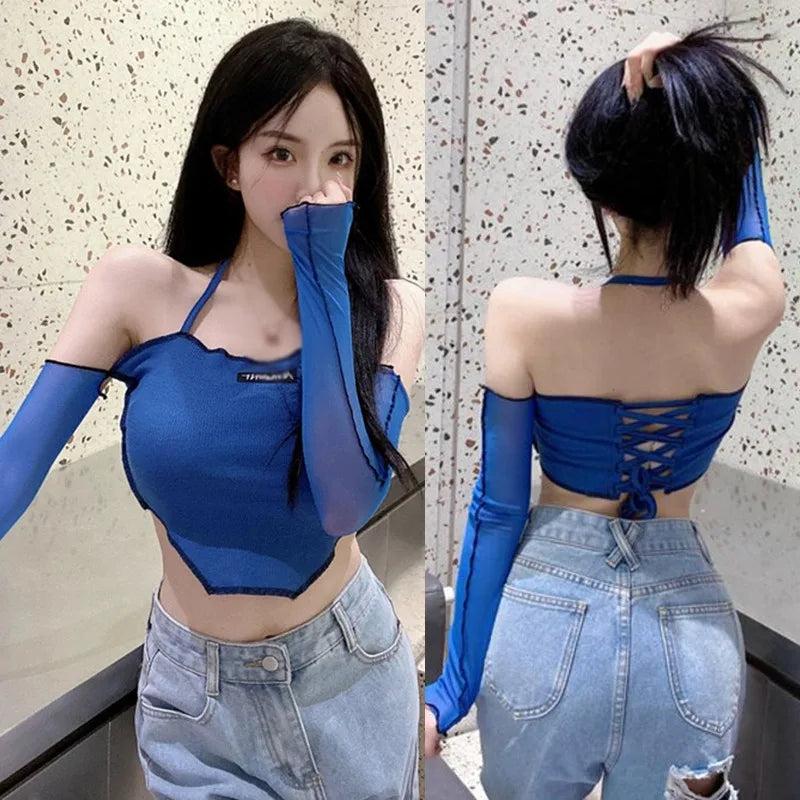 Women's Hanging Neck Off Shoulder T-shirt with Mesh Splice Sexy Open Umbilical Long Sleeve Top T-shirt