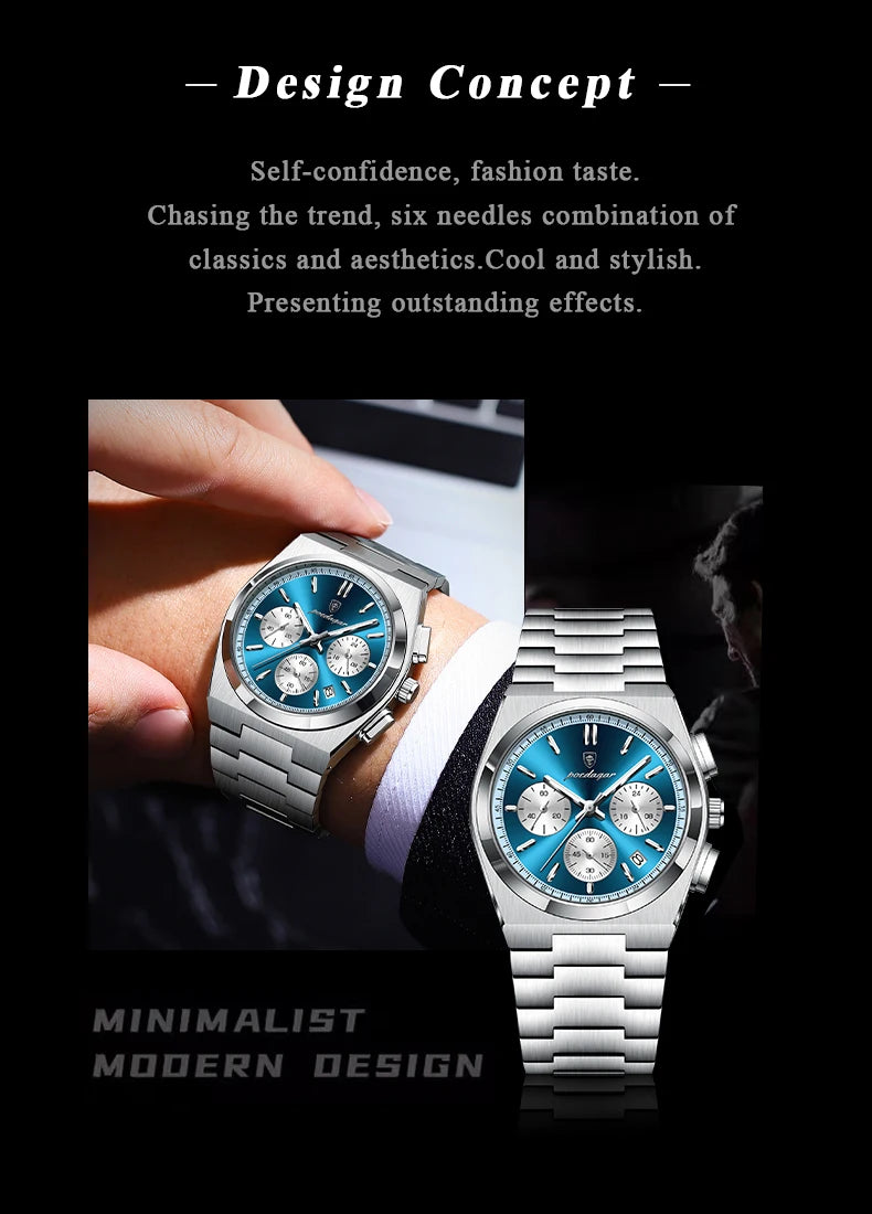 POEDAGAR Luxury Man Quartz Watch Waterproof Luminous Date Chronograph Watches For Men Stainless Steel Fashion Men's Watch Reloj