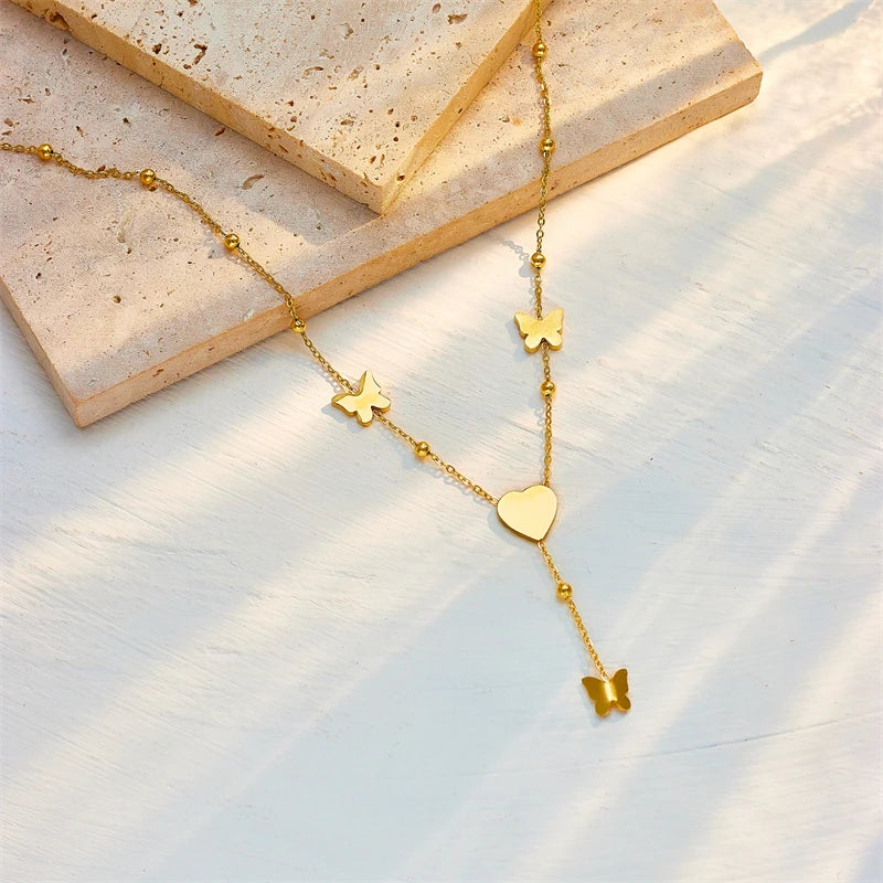 DIEYURO 316L Stainless Steel Heart Butterfly Long Pendant Necklace For Women New Trend Girls Clavicle Chain Party Jewelry Gifts