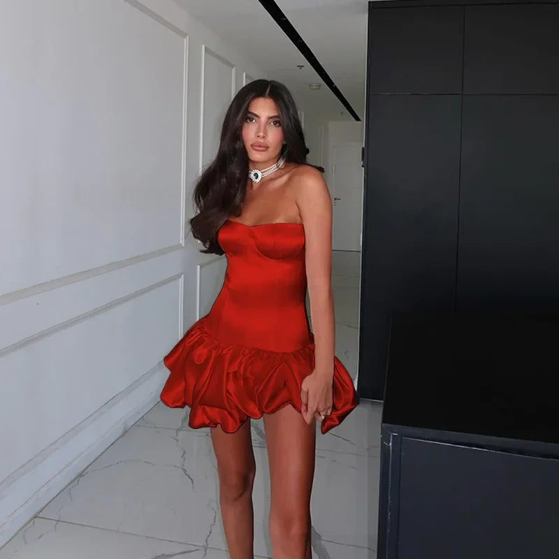 Fashion Sleeveless Backless High Waist Short Ruched Dresses for Women Sexy Strapless Slim A-line Pleated Mini Red Party Dress