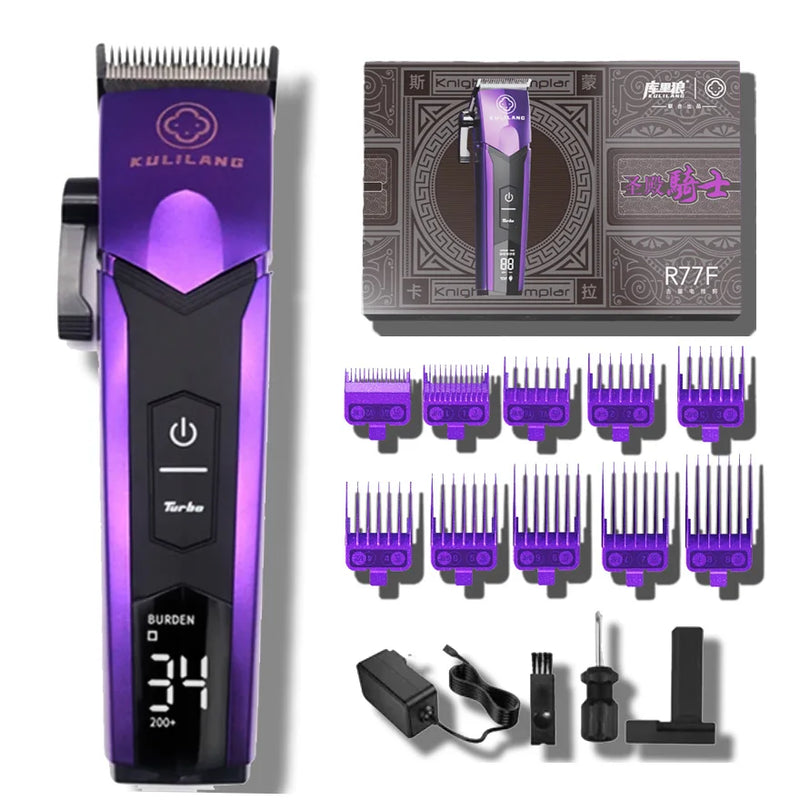 Cortadora de pelo eléctrica profesional KULILANG R77F con cabezal de aceite degradado, color morado, cuchilla FADE chapada en titanio, 7200 rpm, para peluquería