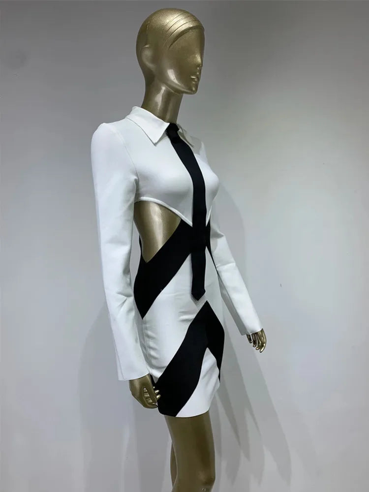 Women Sexy Long Sleeve Patchwork Black White Tie Cut Out Mini Bandage Dress 2023 Elegant Christmas Evening Club Party Dress