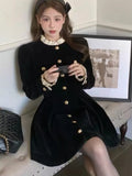 Korean Black Velvet Dresses for Women Single Breasted Long Sleeve Evening Party Dress Autumn Y2K Fashion A-line Vestido Mujer
