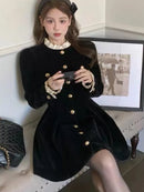 Korean Black Velvet Dresses for Women Single Breasted Long Sleeve Evening Party Dress Autumn Y2K Fashion A-line Vestido Mujer
