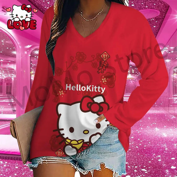 Hello Kitty Women's Long Sleeve T-shirts V Neck Kawaii Clothes 2024 3D Print New Lovely S-3XL Y2k Fashion High Quality Leisure