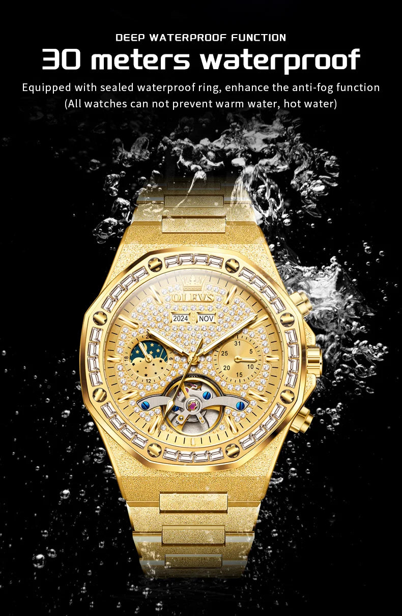 OLEVS 9805 High end Men Watches  Waterproof Moon Phase Diamond Dial Fashion Luxury Mechanical Watch Skeleton Original Wristwatch