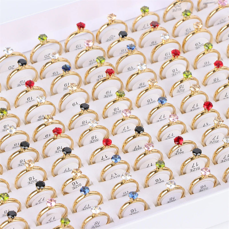 10Pcs/Lot Fashion Classic Rhinestone Stainless Steel Rings For Women Simple Shiny Colorful Finger Jewelry Wedding Party Gifts