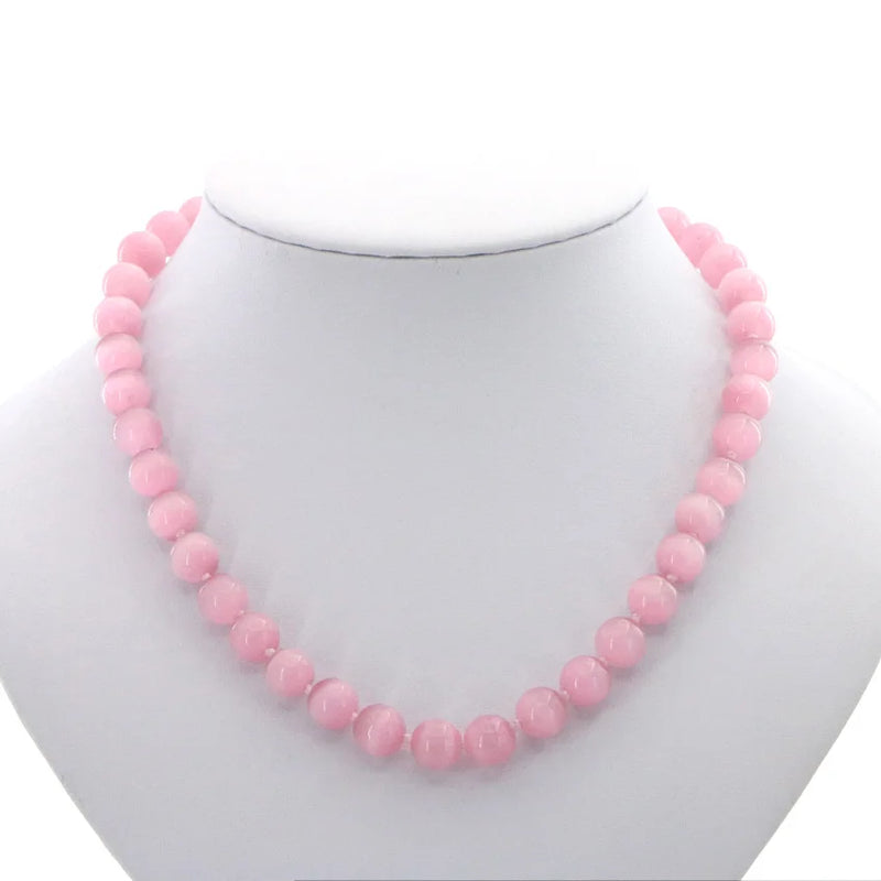 Beautiful Natural Stone 10mm Pink Mexican Opal Cat's Eye Necklace Woman Gifts for Girls Christmas Jewelry Make Design Wholesale