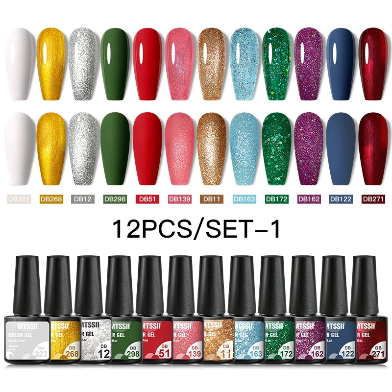 Mtssii 10PCS Reflective Gel Nail Polish Set Fluorescent Glitter Semi Permanent Hybrid Gel Varnish Soak Off UV Lamp For Manicure