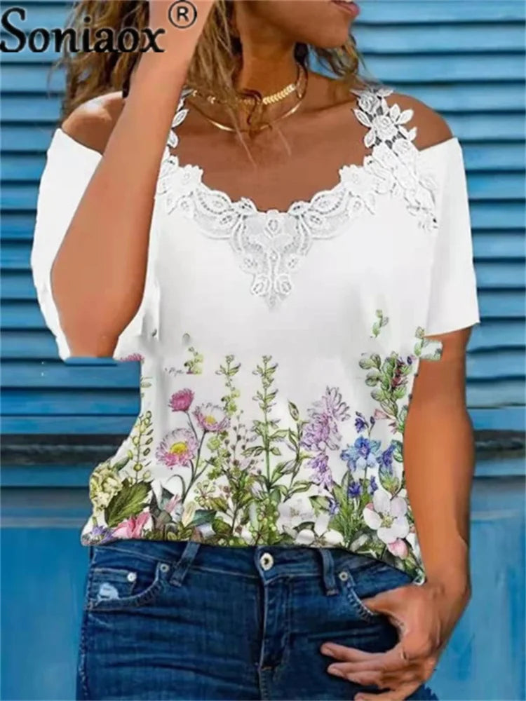 Summer Sexy Lace Short Sleeve Off Shoulder V-Neck Women T-Shirts Ladies Floral Print Street Tops Female Casual Loose T-Shirt