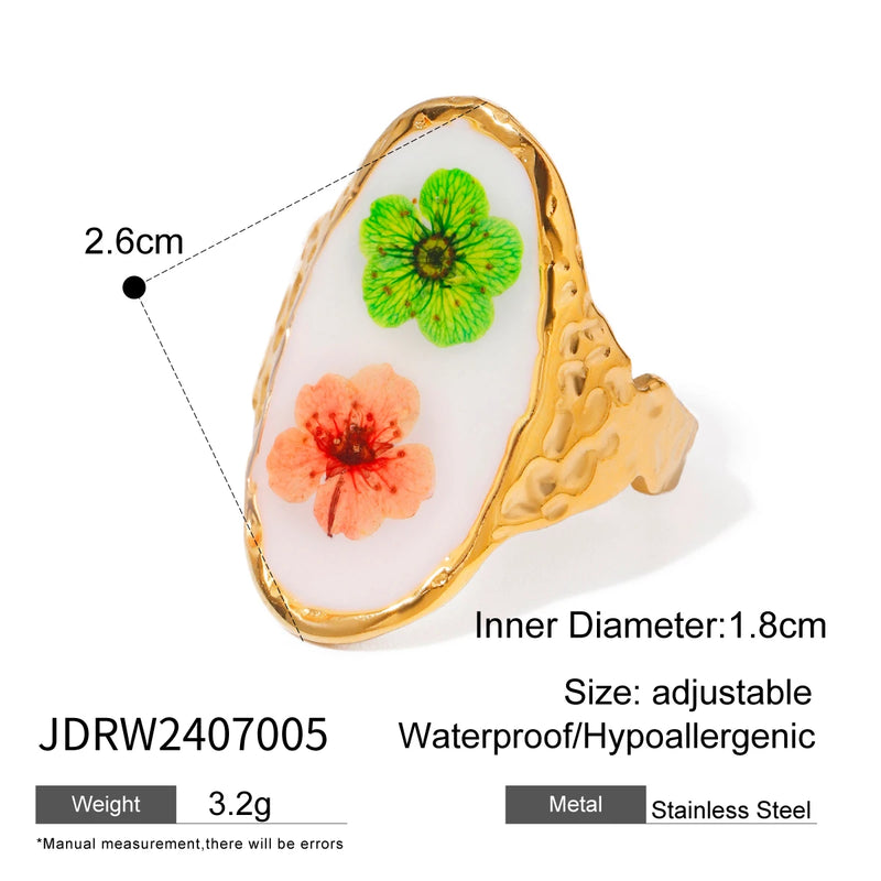 Light Cozy 18k Gold Plated Minimalist White Drip Oil Dried Flower Open End Ring Women Stainless Steel Statement Jewelry