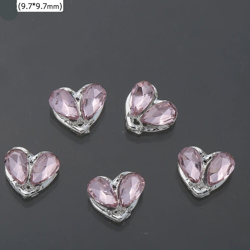 10Pcs Pink Metal Gem Zircon Nail Art Charm 3D Luxurious Heart Ribbon Cross Starlight Nail Decoration DIY Zircon Nail Accessories