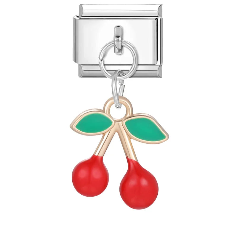 Sweet Red Cherry Bow Knot Heart Pendant Cherry Italian Charm Links Fit 9mm Stainless Steel Bracelet Women Jewelry DIY Making