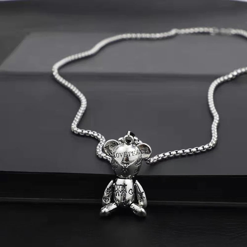 Fashion Cute Hip Hop Bear Pendant Necklace for Men & Women Punk Wind Titanium Steel Sweater Chain Jewelry Set Lovers Gift