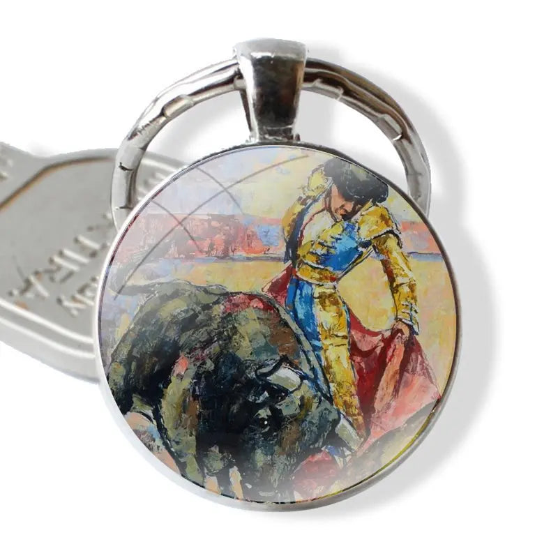 Bullfighting Spanish Bullfight Pattern 25mm Glass Cabohcon Keychain Key Rings for Women Men Jewelry Gift