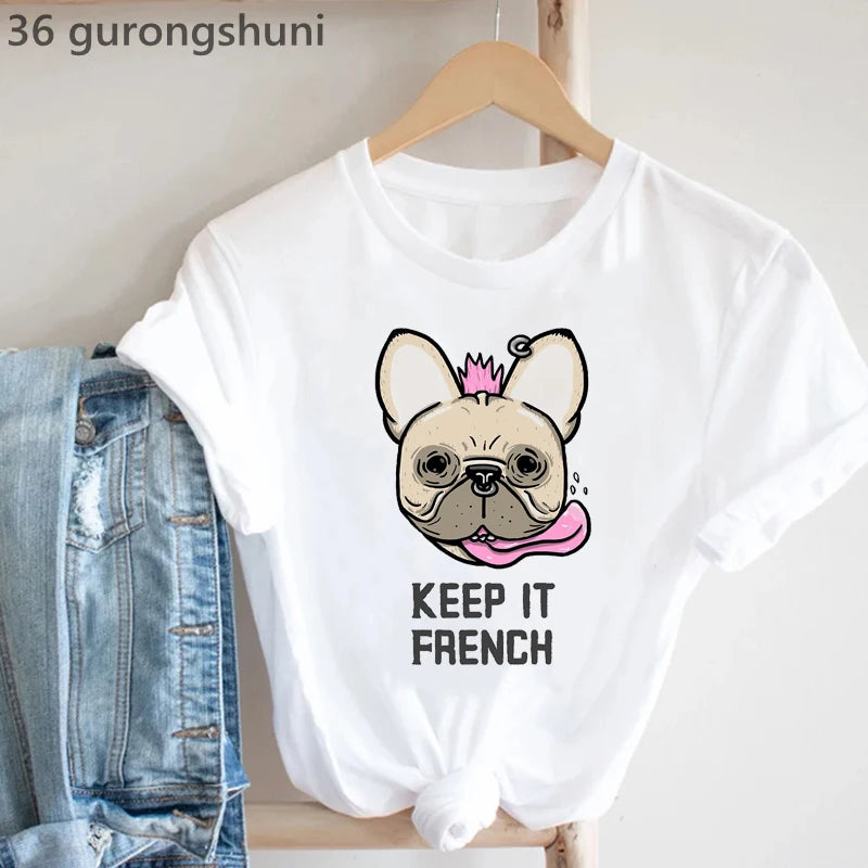 Frenchies In Love Animal Print T-Shirt Women'S Clothing French Bulldog Tshirt Femme Harajuku Kawaii Clothes Dog Lover T Shirt