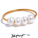 Yhpup Natural Freshwater Pearls Gold Color Stainless Steel Waterproof Thin Index Finger Ring for Women PVD Plated Charm Jewelry