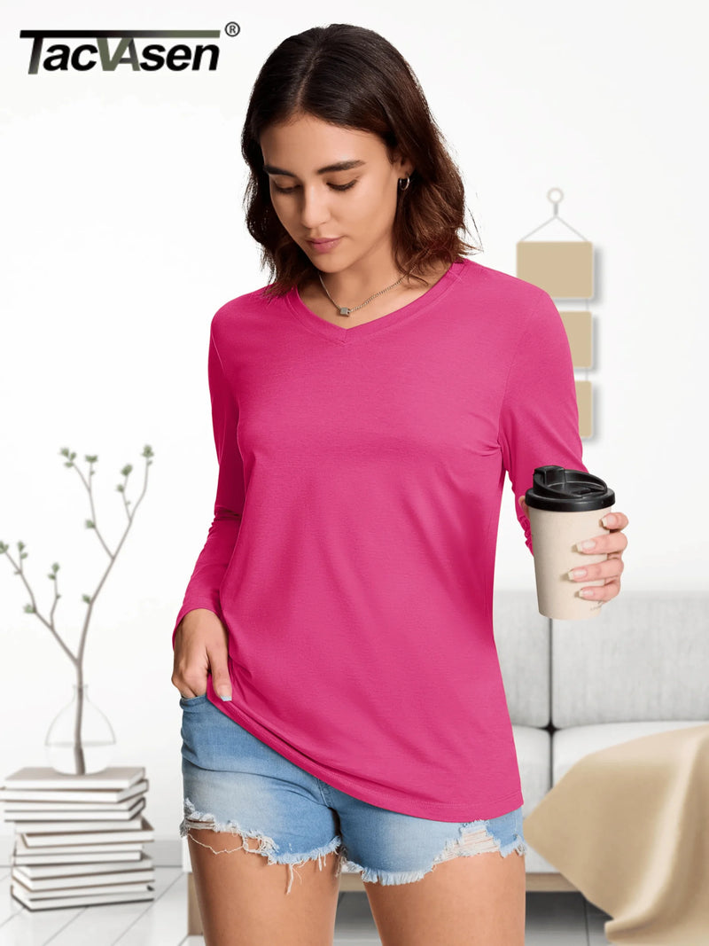 TACVASEN Cotton UPF50+ Sun Protection T-Shirts Womens Fashion V-Neck Long Sleeve Casual Tops Breathable Soft Outdoor Tee Shirts
