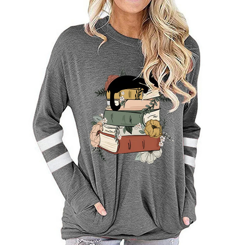 Women's Cotton Long Sleeve T-shirt Vintage Cat with Books Print Round Neck Tops Funny Flower Animal Books Lovers Female Tshirt