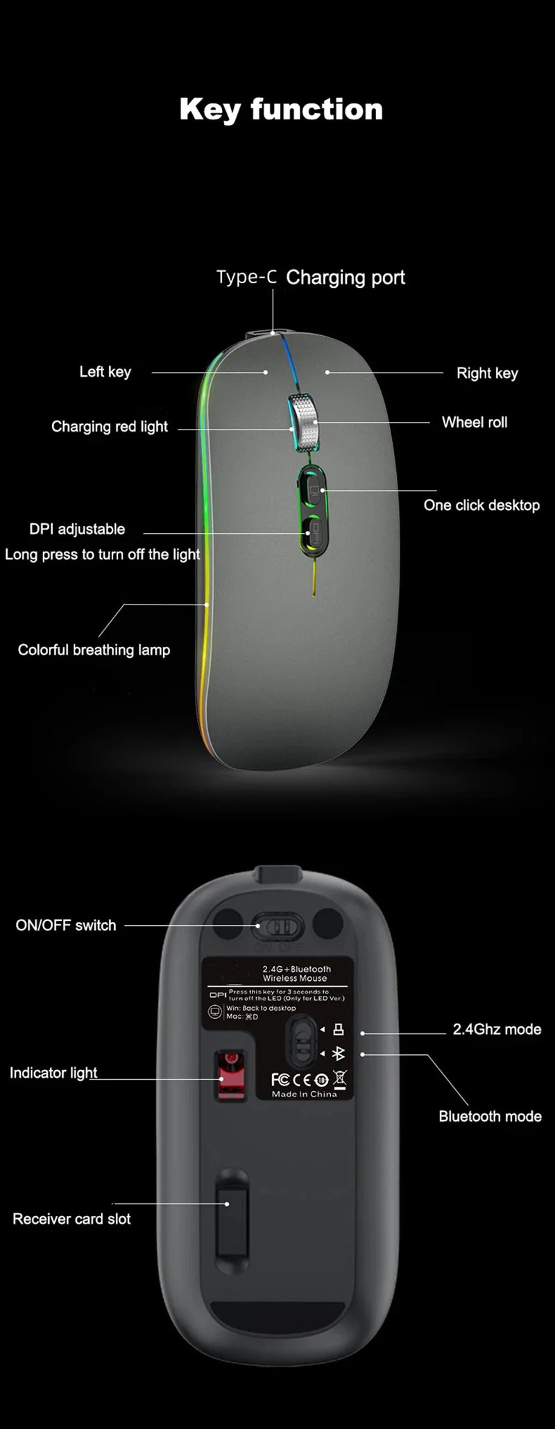 Xiaomi Dual Mode Mouse Wireless Backlight 2.4G Bluetooth Type-C Rechargeable 1600 DPI Adjustable Silence Boss Button Office Home