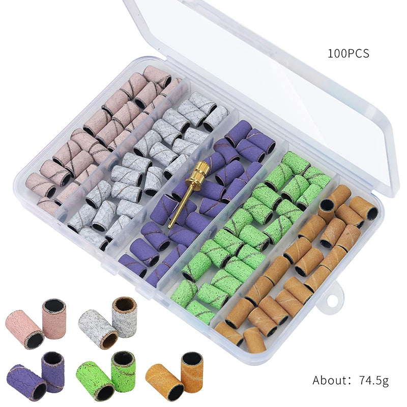 100pcs/box Nail Art Sanding Bands Pink Green Purple Grinding Sand Ring Bit for Electric Drill Machine Accessories Manicure Tools