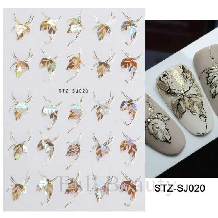 Shiny Maple Geometry Autumn Nail Art Stickers Laser Sector Fall Leaves Decals Cute Squirrel Slider Manicure Decorations CHCJ-076