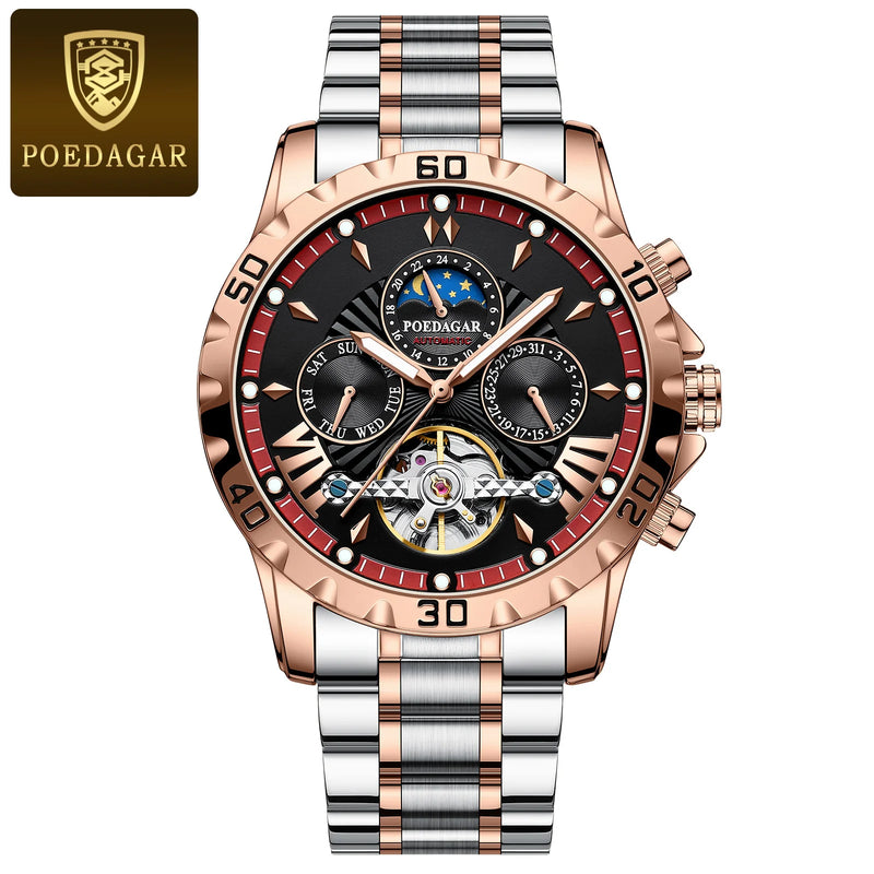 POEDAGAR Tourbillon Automatic Mechanical Wristwatch Waterproof Luminous Date Week Leather Men Watch Luxury Fashion Men's Watches