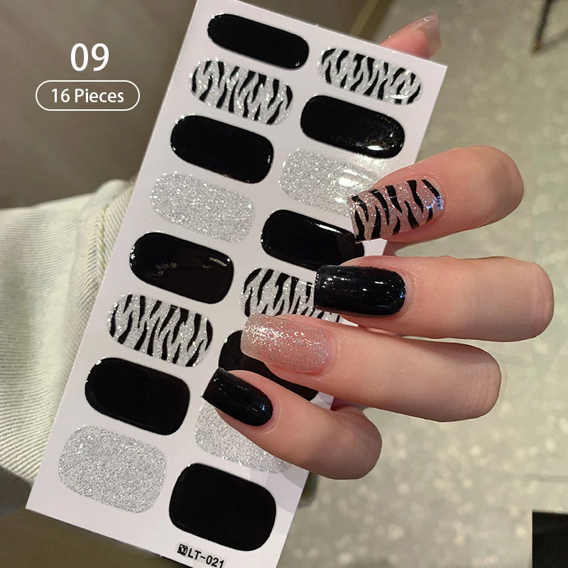 New 16 Strips Autumn Nail Stickers Full Cover Nail Patch Leopard Print 3D Nail Stickers Nail Polish Strips DIY Nail Art Making