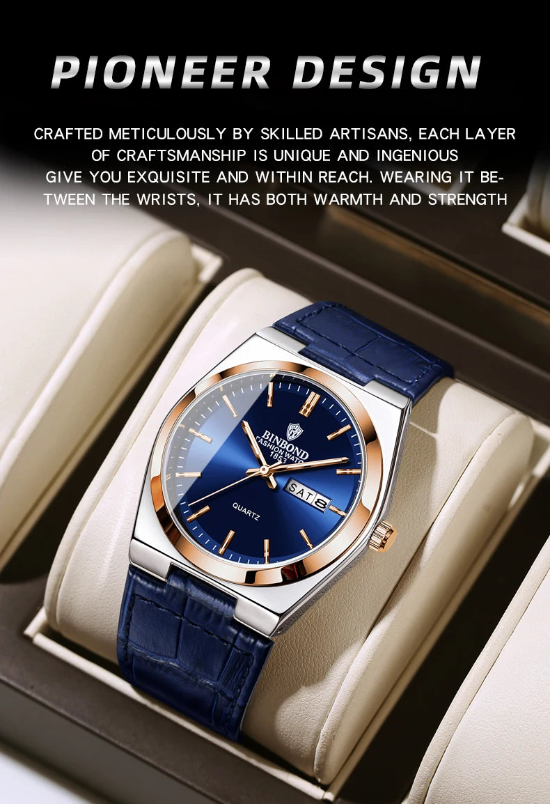 BINBOND New Authentic Youth Men's Quartz Watchwith Fashion Leather Strap Waterproof Luminous Calendar Luxury Business Men Watch