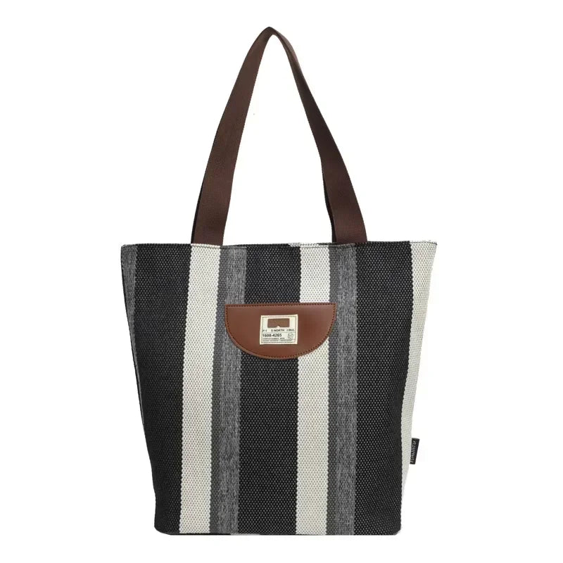 Casual Striped Canvas Zipper Large Capacity Shoulder Bags 2025 High Quality Sense of Luxury Color Matching Handbags for Women