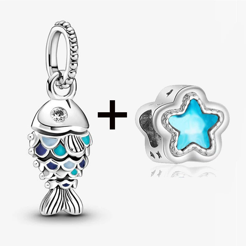 2Pcs/Lot Crystal Blue Scaled Fish Bead With Pendant Fit DIY Brand Charm Bracelet  For Women's Summer Jewelry To Making Gift