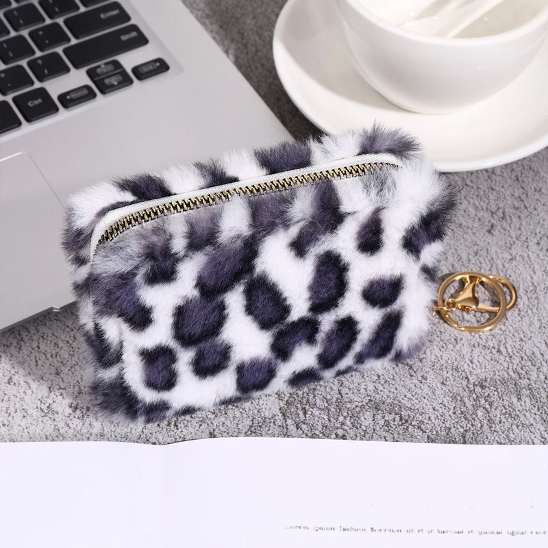 Leopard Print Short Wallet Trend Plush Multi Slot Credit Card Bag Multifunctional Portable Wallet For Outdoor Use
