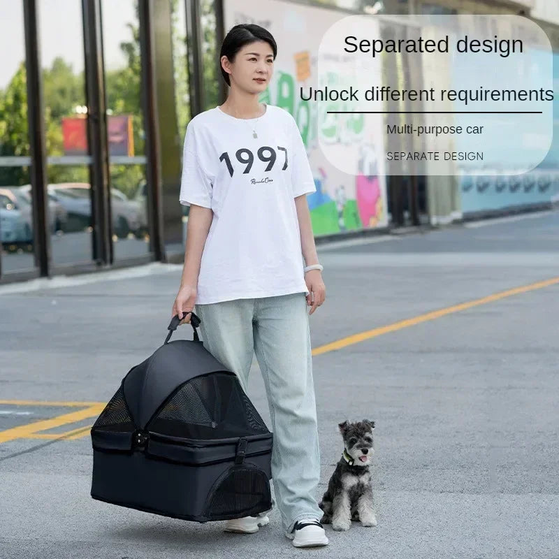 Suitable for dogs and cats to use outdoors. Foldable pet stroller, four-wheel dog travel cart, with storage basket