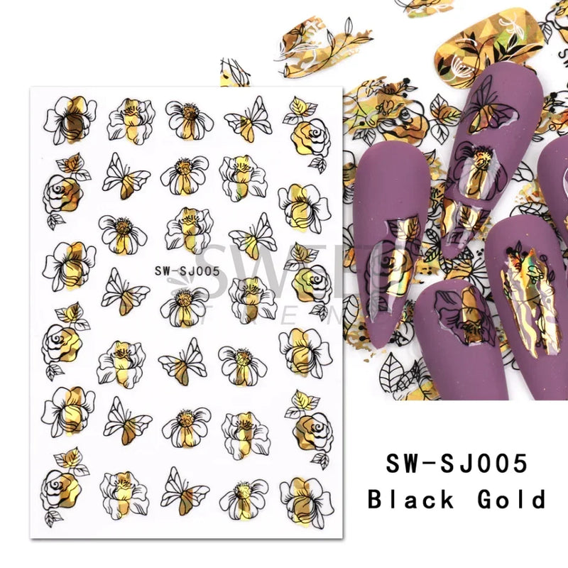 3D Snake Laser Stickers for Manicure Black Gold Abstract Leaves Luxury Nail Art Adhesive Slider Polish Decor Decals SASW-SJ