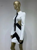 Women Sexy Long Sleeve Patchwork Black White Tie Cut Out Mini Bandage Dress 2023 Elegant Christmas Evening Club Party Dress